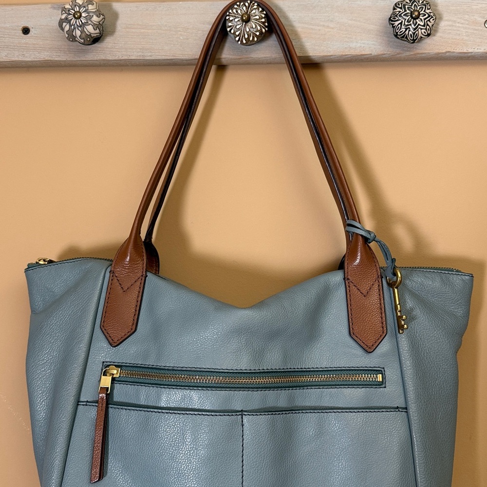 Fossil Fiona Blue Leather Shoulder Tote with Brown Handles - Picture 2 of 10